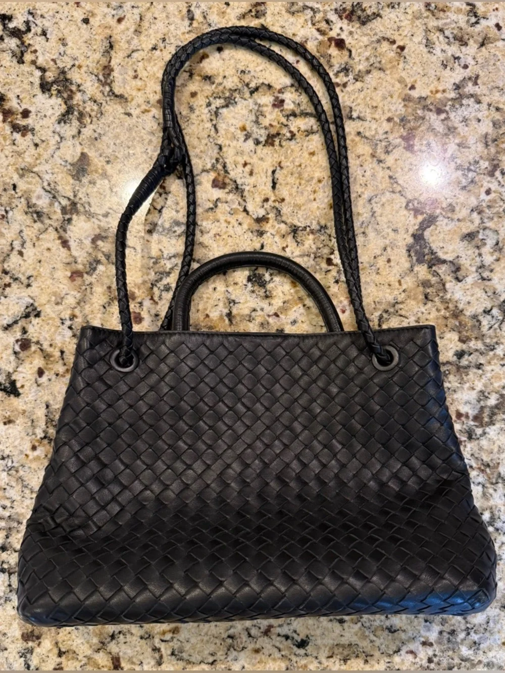 Quince Italian Leather Handwoven Tote Purse Black Large - Picture 3 of 10